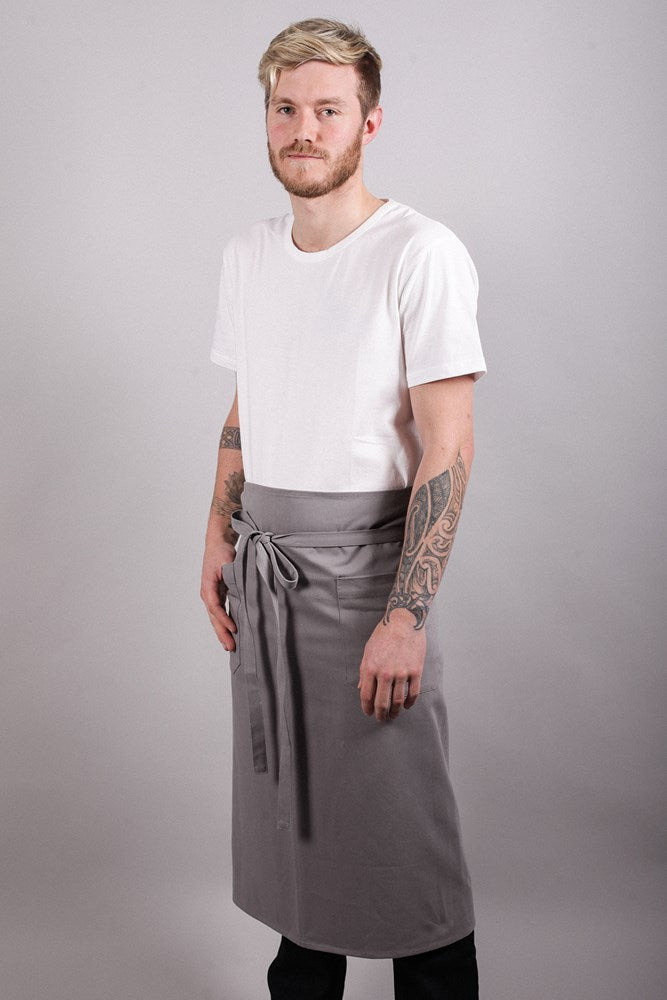 Male model in studio wearing Pepper Apron 3/4 Length - Grey